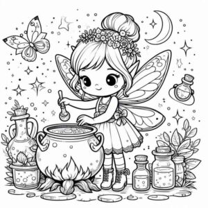 Desenho de Fada Com Caldeirao E Borboletas Para Colorir