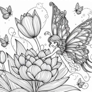 Desenho de Fada Cuidando Flor Magica