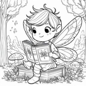 Desenho de Fada Jovem Com Livros E Floresta