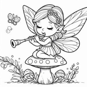 Desenho de Fada Sentada Cogumelo Flauta
