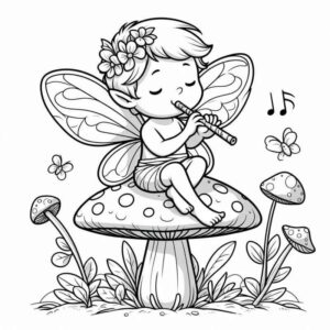 Desenho de Fada Sentada Em Cogumelo Tocando Flauta