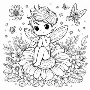 Desenho de Fada Sentada Flor Desenho Colorir