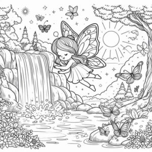 Desenho de Fada Voando Com Borboletas Na Cachoeira