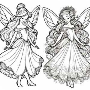 Desenho de Fadas Com Vestidos Detalhados Para Colorir