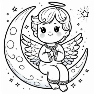 Desenho de Anjinho Na Lua Crescente Para Colorir