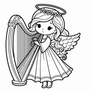 Desenho de Anjo Fofo Tocando Harpa