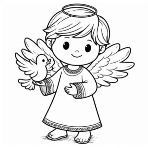 Desenho de Anjo Infantil Com Pomba Para Colorir