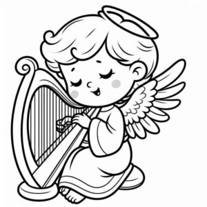 Desenho de Anjo Infantil Sentado Com Harpa