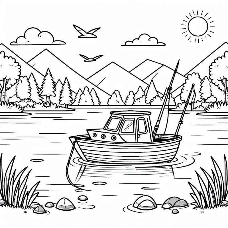 Desenho de Barco No Lago Para Colorir