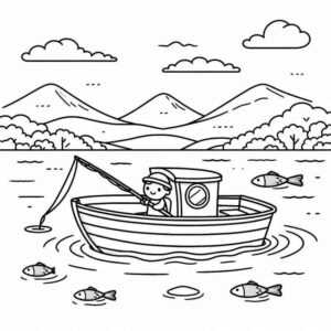 Desenho de Barco Pescador Lago Para Colorir