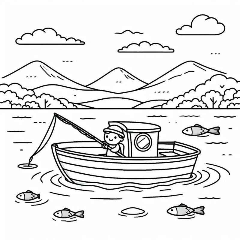 Desenho de Barco Pescador Lago Para Colorir