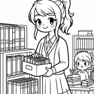 Desenho de Bibliotecario Mulher Organiza Livros Biblioteca
