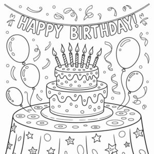 Desenho de Bolo Aniversario Velas Baloes