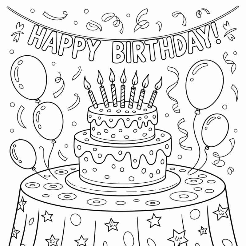 Desenho de Bolo Aniversario Velas Baloes