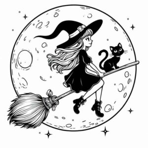 Desenho de Bruxa Com Gato Voando Halloween