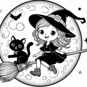 Desenho de Bruxa Gato Preto Lua Morcegos