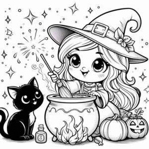 Desenho de Bruxinha Colorindo Caldeirao Halloween