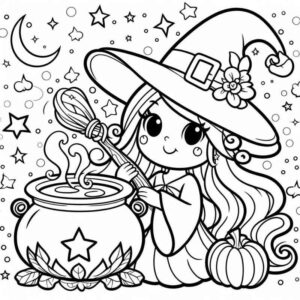 Desenho de Bruxinha Com Caldeirao Para Colorir