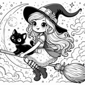 Desenho de Bruxinha Voando Vassoura Halloween