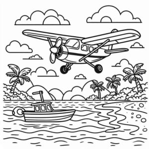 Desenho de Cenario Tropical Com Aviao Para Colorir