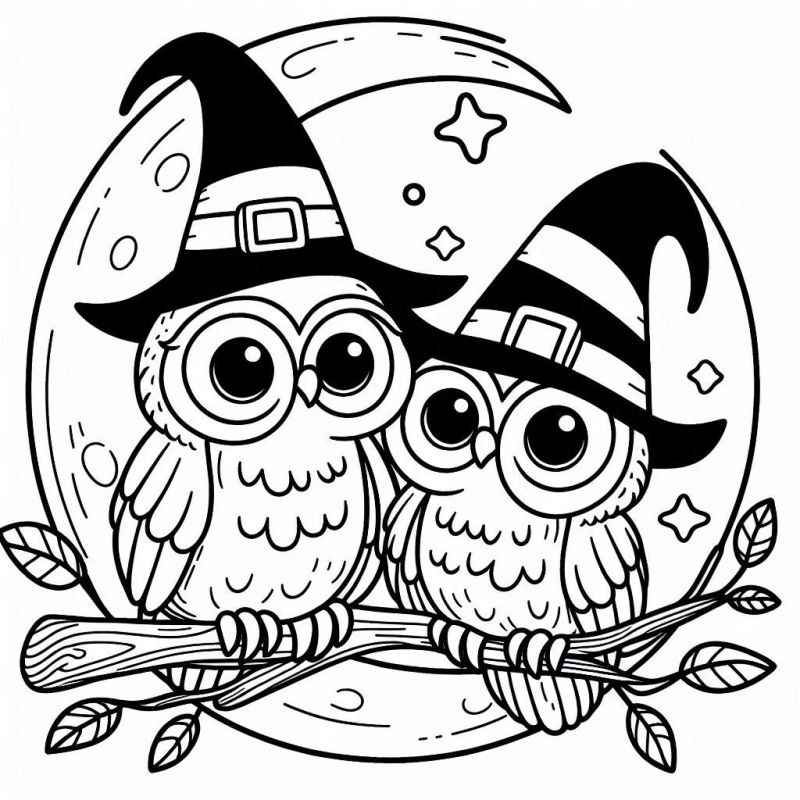 Desenho de Corujas Com Chapeu De Bruxa Halloween