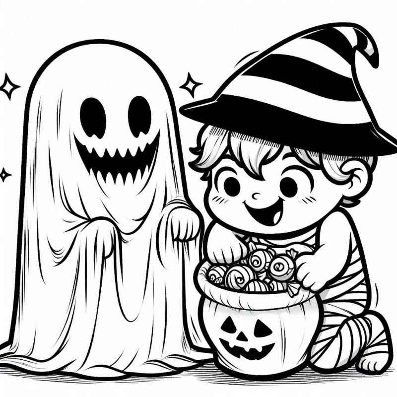 Desenho de Crianca Fantasiada E Fantasma Halloween