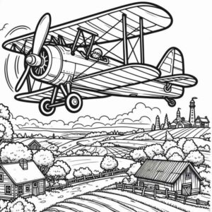 Desenho de Desenho Aviao Biplano Paisagem Rural