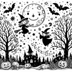 Desenho de Desenho Halloween Bruxas Castelo Aboboras