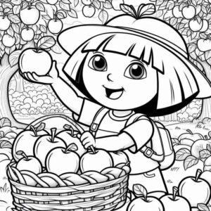 Desenho de Dora Aventureira Colhendo Macas 1