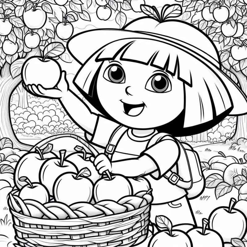 Desenho de Dora Aventureira Colhendo Macas 1