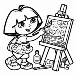 Desenho de Dora Aventureira Pintando Quadro Colorir