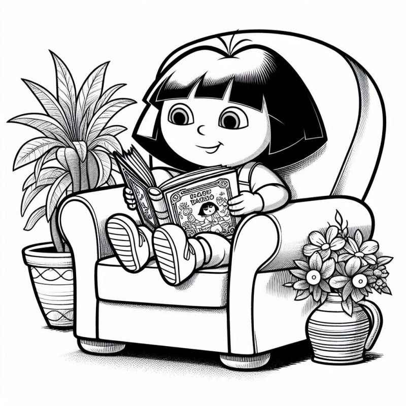 Desenho de Dora Aventureira Sentada Lendo Poltrona