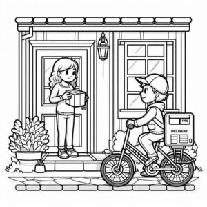 Desenho de Entregador Mulher Encomenda