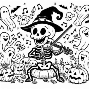 Desenho de Esqueleto Chapeu Bruxa Halloween