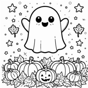 Desenho de Fantasma Aboboras Folhas Halloween Para Colorir