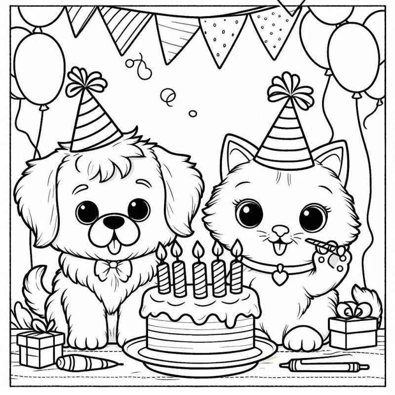 Desenho de Festa Aniversario Cachorro Gatinho