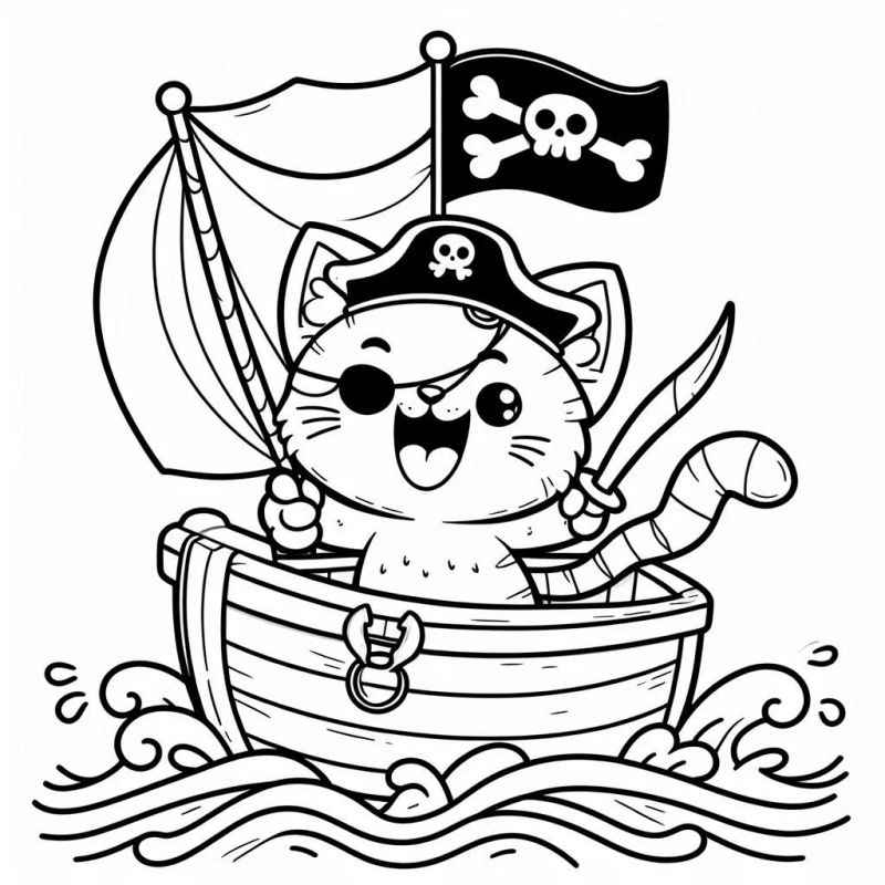 Desenho de Gato Pirata No Barco Para Colorir