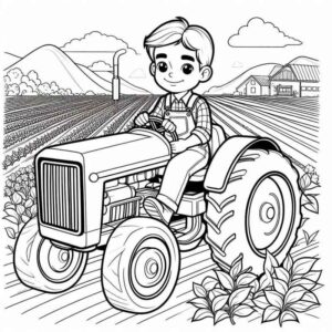 Desenho de Jovem Agricultor Dirigindo Trator Fazenda