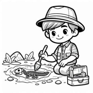 Desenho de Jovem Arqueologo Escavacao Dinossauro