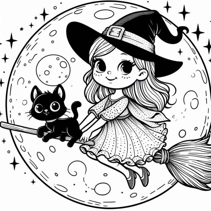 Desenho de Menina Bruxa Gato Preto Voando Vassoura