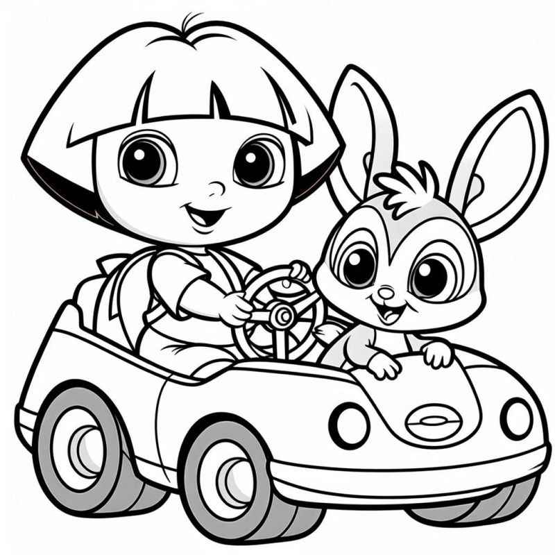Desenho de Menina E Coelho Carro Dora Aventureira
