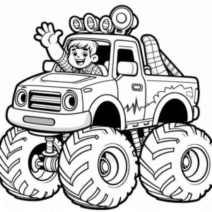 Desenho de Monster Truck Com Garoto Sorridente