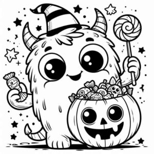 Desenho de Monstrinho Halloween Chapeu Bruxa Doces