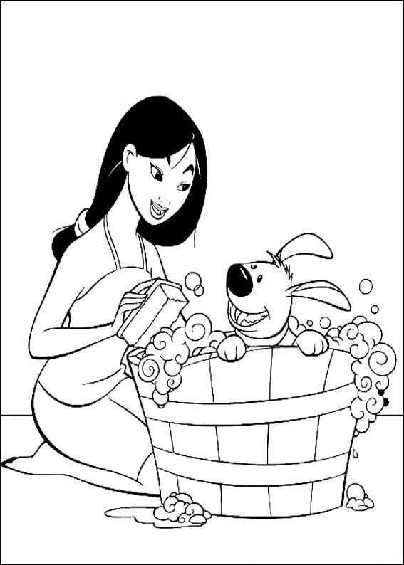 Desenho de Mulan Para Colorir Banho Cachorro