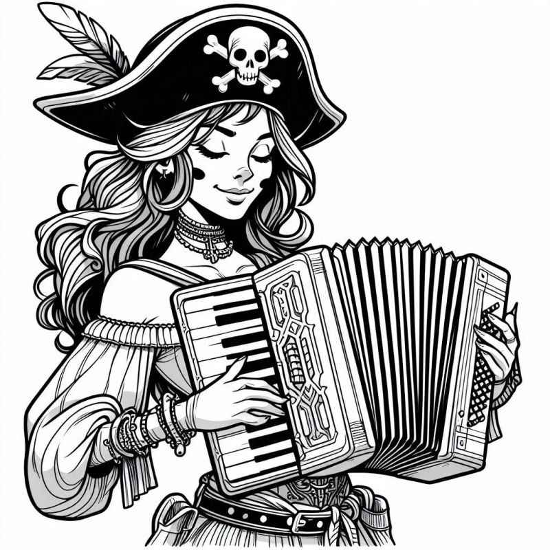 Desenho de Pirata Feminina Tocando Acordeao