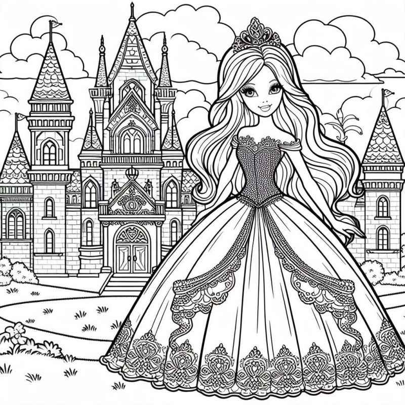 Desenho de Princesa Barbie Castelo Detalhado