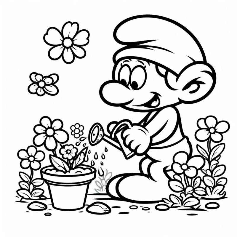 Desenho de Smurf Alegre Jardim Regando Planta