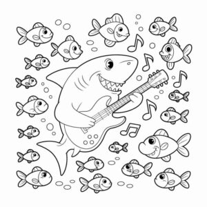 Desenho de Tubarao Tocando Guitarra Para Colorir