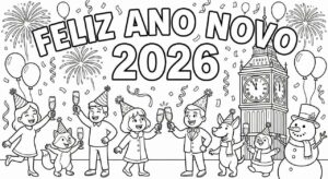 Desenho de Feliz Ano Novo 2026 Desenho Colorir Imprimir 001