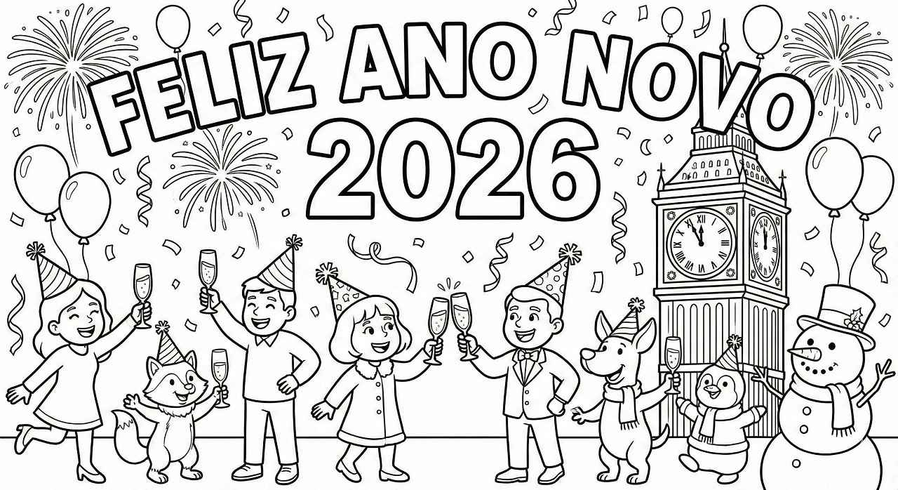 Desenho de Feliz Ano Novo 2026 Desenho Colorir Imprimir 001